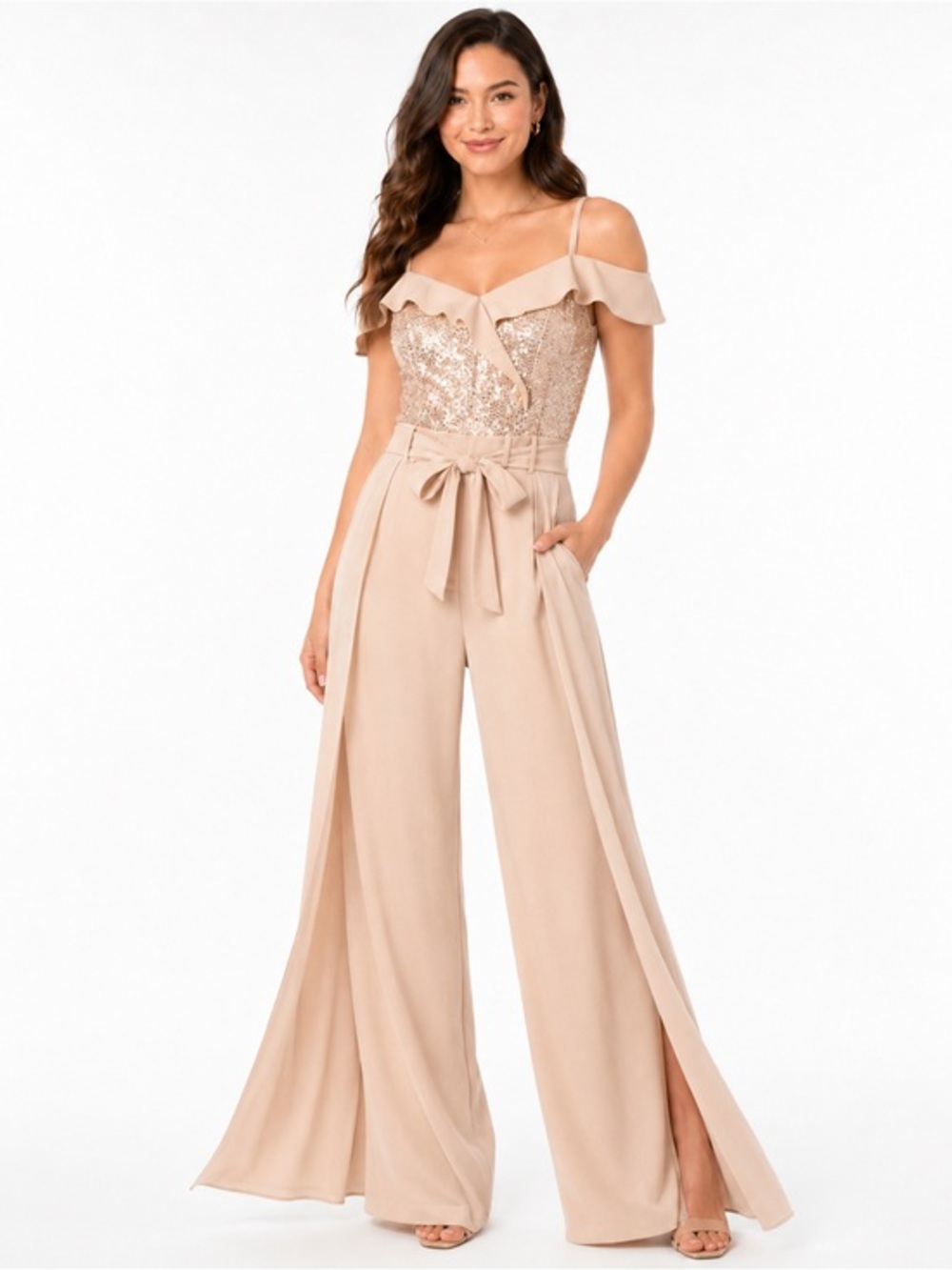 Shelby Nites Champagne Sequin Cold Shoulder Wide Leg Jumpsuit Size 14 NWOT